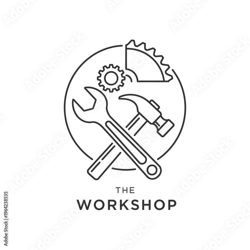 Workshop tools logo with wrench hammer.