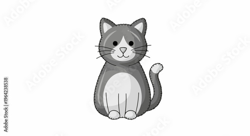 A pixelated, gray and white cartoon cat sits facing forward