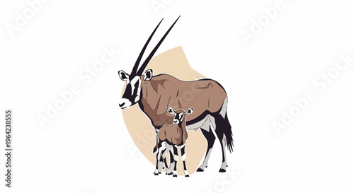 A mother and baby oryx stand together with distinctive horns