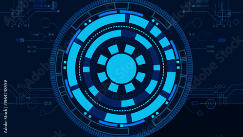 Futuristic blue circular interface with digital circuit board background