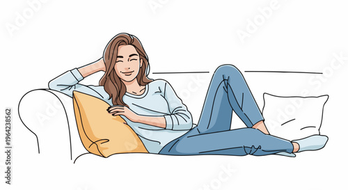 Woman relaxing comfortably on a couch with pillows, smiling serenely