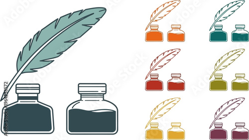A collection of vector illustrations featuring quill pens and ink bottles in various colors, including teal, orange, red, green, yellow, and purple, suitable for graphic design.