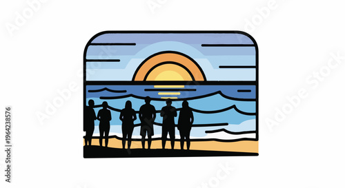 Silhouettes of people watch a vibrant sunset over a stylized ocean