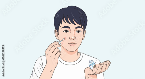 Young man applying treatment to a facial blemish with a swab