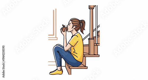 Young woman in yellow shirt and blue pants eats an apple while sitting on stairs