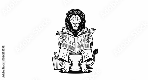A lion wearing a robe sits on a toilet, reading a newspaper