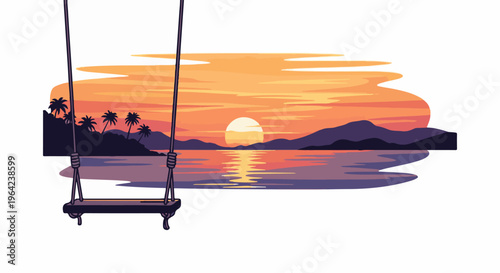 Tropical sunset with palm trees, mountains, a tranquil sea, and a swing