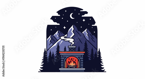 A cozy fireplace at the foot of snowy mountains under a starry night sky