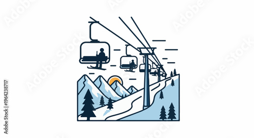 Winter mountain scene with ski lifts, slopes, and a bright sun