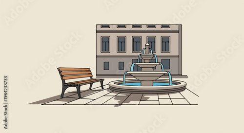 A charming park scene with a multi-tiered fountain and wooden bench