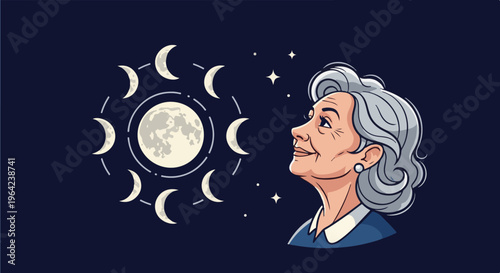 Woman looking at the phases of the moon in a starry night sky