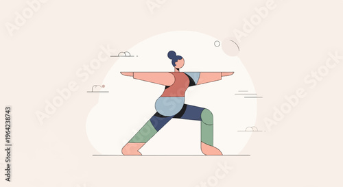 Stylized figure in warrior yoga pose against a soft, abstract background