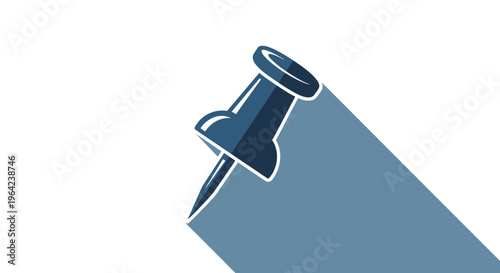 Blue push pin icon in a tilted position with a long directional shadow on a clean white background for office and organization concepts.