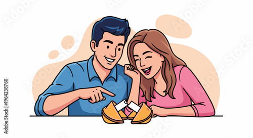 Young couple laughing together while opening fortune cookies at a table