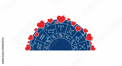 A celestial wheel of zodiac signs adorned with floating red hearts