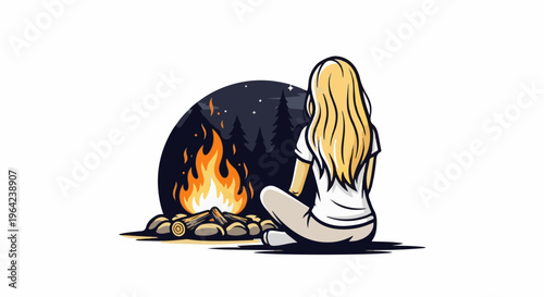 A blonde woman sits cross-legged by a campfire under a starry night sky
