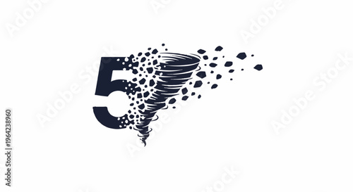 Stylized number 5 dissolving into a tornado of debris