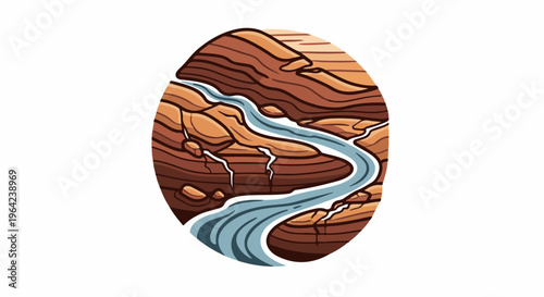 Stylized view of a winding river carving through layered, arid, rocky terrain