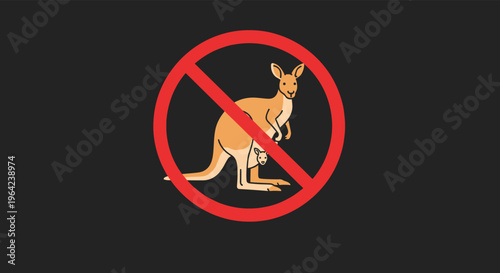 Wildlife restriction sign featuring a red prohibited symbol over a cartoon illustration of a kangaroo and its joey on a dark gray background.