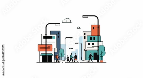 Stylized urban scene with pedestrians, buildings, trees, and streetlights