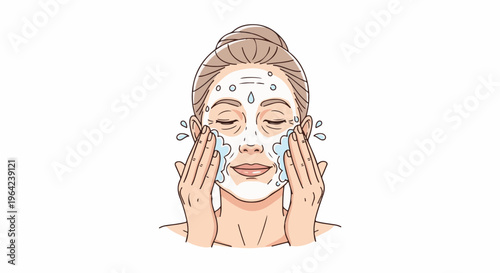 Woman washing face with soap bubbles and water drops