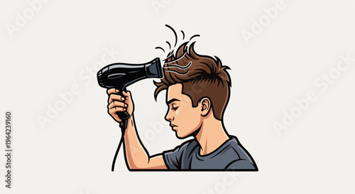 Young man drying his styled brown hair with a black hairdryer