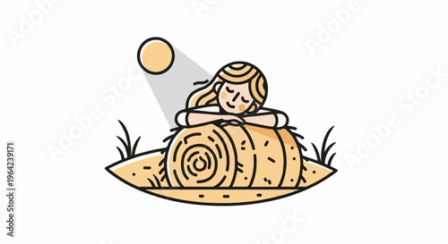 Young woman sleeping peacefully on a hay bale under the warm sun