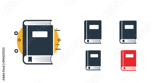 Comprehensive book icon set featuring various designs and a red highlighted version for education and library concepts.
