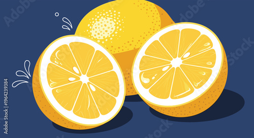 Fresh and juicy whole lemon and two cut halves with illustrative water droplets isolated on a dark blue background.