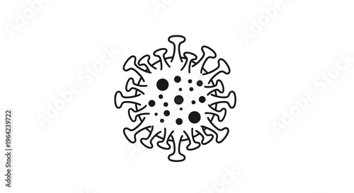 Detailed coronavirus or germ cell illustration in a black line art style representing medical and health research.