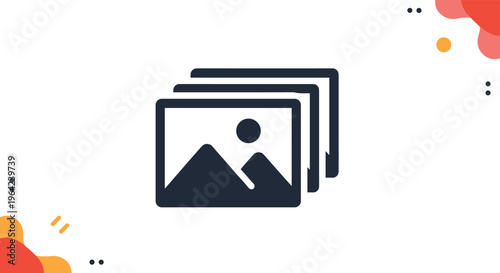 Picture gallery or photo album icon set with colorful abstract decorative elements and nature landscape illustrations.