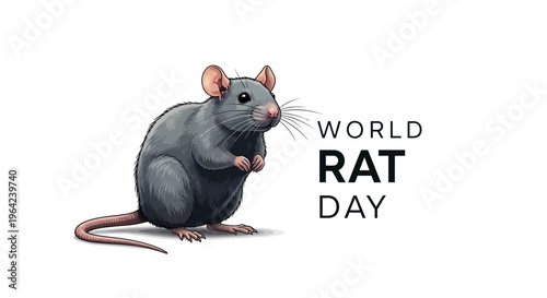 Illustration of a cute gray rat sitting next to 'WORLD RAT DAY' text on a white background, conveying awareness and appreciation for domestic pet rats with a simple and informative design.