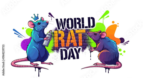 Two cartoon rats spray colorful paint on World Rat Day illustrations with vibrant splatters and graffiti.