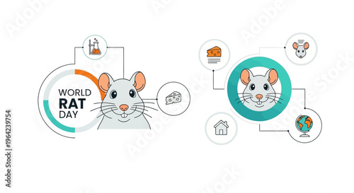 Illustration of a rat for World Rat Day, featuring a cute pet rat with icons representing rat behavior and pet care on a clean white background with a mix of orange and blue colors.