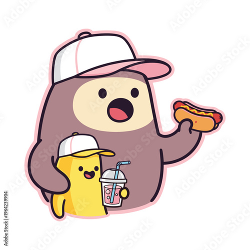 Cute cartoon monsters enjoying snacks: hot dog and pink drink