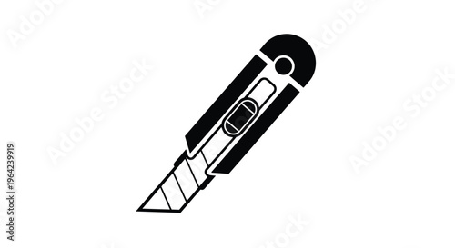 Utility knife or box cutter tool illustration in a bold black and white graphic style for hardware and diy projects.