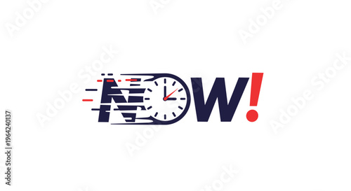 Fast action now promotional label with a clock icon and motion lines for urgent marketing and sales messages.