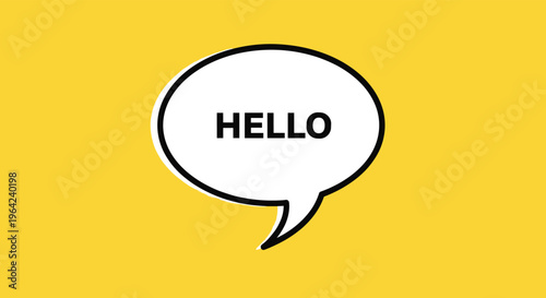 Hello greeting message in a white speech bubble on a bright yellow background for communication and chat concepts.