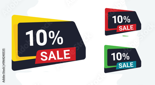Set of three promotional banners for a ten percent sale in yellow red and green colors for retail marketing.