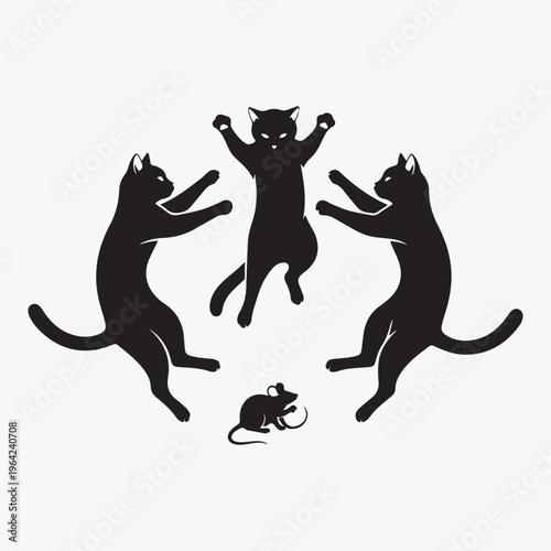 Group of Black Cats Dancing Joyfully Around a Small Mouse