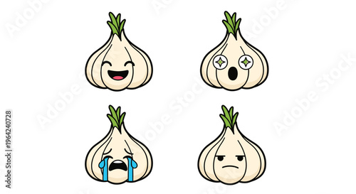 Collection of four garlic clove characters with cartoon faces depicting happy shocked crying and angry emotions.