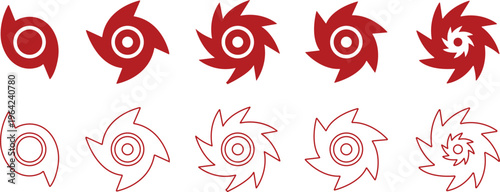 Hurricane cyclone icon set collection group in flat line style featuring storm, typhoon, tornado, whirlwind, vortex and weather synonym elements for disaster alert, climate design and warning graphics