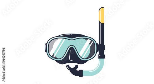 Diving mask and snorkel equipment illustrated in a flat cartoon style with a blue and black color scheme on white.