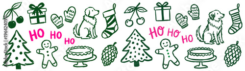 Whimsical hand drawn Christmas doodles featuring festive icons like dogs gingerbread men trees gifts and seasonal text create a charming holiday pattern drawing illustration