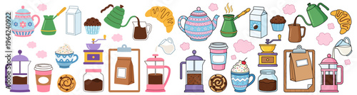 A charming collection of illustrated coffee related items including teapots coffee makers cups pastries and milk cartons rendered in a playful and colorful style breakfast