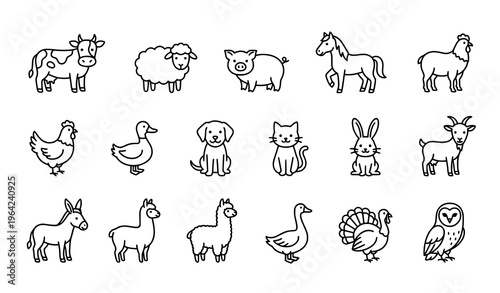 Minimal farm and domestic animals icon set for kids education simple black and white vector illustration