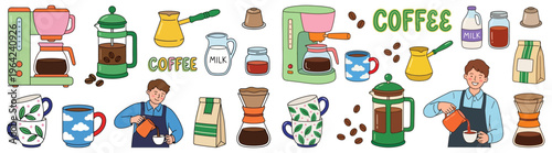 A collection of cartoon illustrations depicting coffee making equipment coffee beans milk and a barista pouring coffee into a cup coffee maker french press pour over cezve