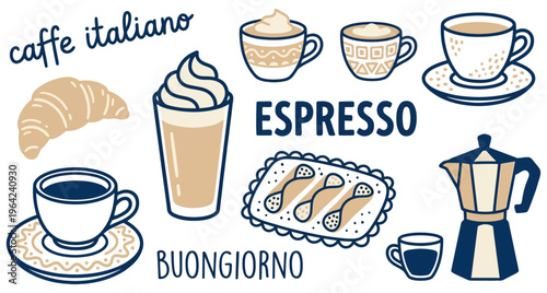A whimsical collection of Italian coffee drinks a croissant cannoli and a moka pot featuring the words 'caffe italiano' 'espresso' and 'buongiorno' cafe breakfast beverage