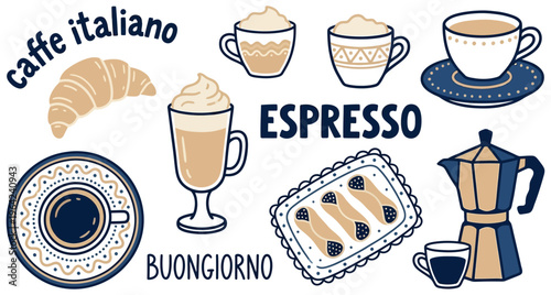 Collection of Italian coffee drinks pastries and brewing equipment illustrated in a charming flat design style with warm colors espresso cappuccino latte macchiato croissant