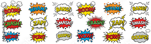 A collection of comic book sound effect word bubbles featuring Boom Wham Bang Crash Zap Smash Wow Pow and Ooops in vibrant colors and explosive starburst shapes explosion